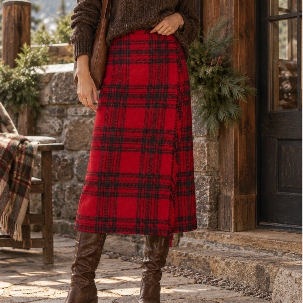Eddie Bauer Midi Wrap Skirt 12 Red Tartan Plaid Wool Fringe Lined Vtg Heritage
